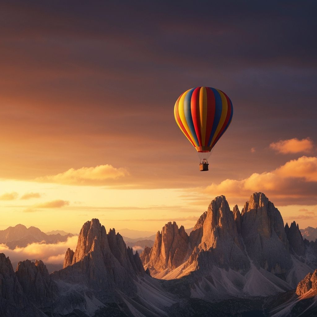Hot Air Balloon Over Mountains at Golden Sunset