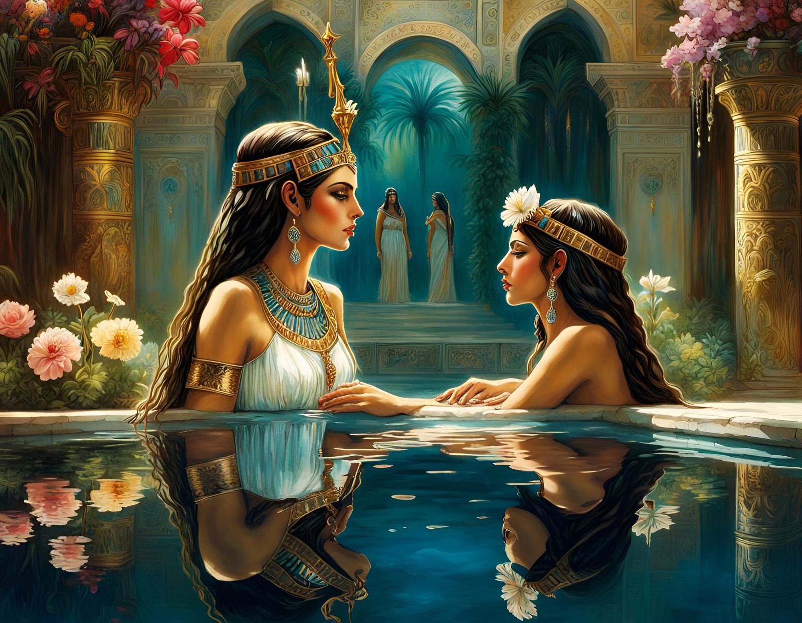 Egyptian Princess Reflecting in Pool, Renaissance Painting