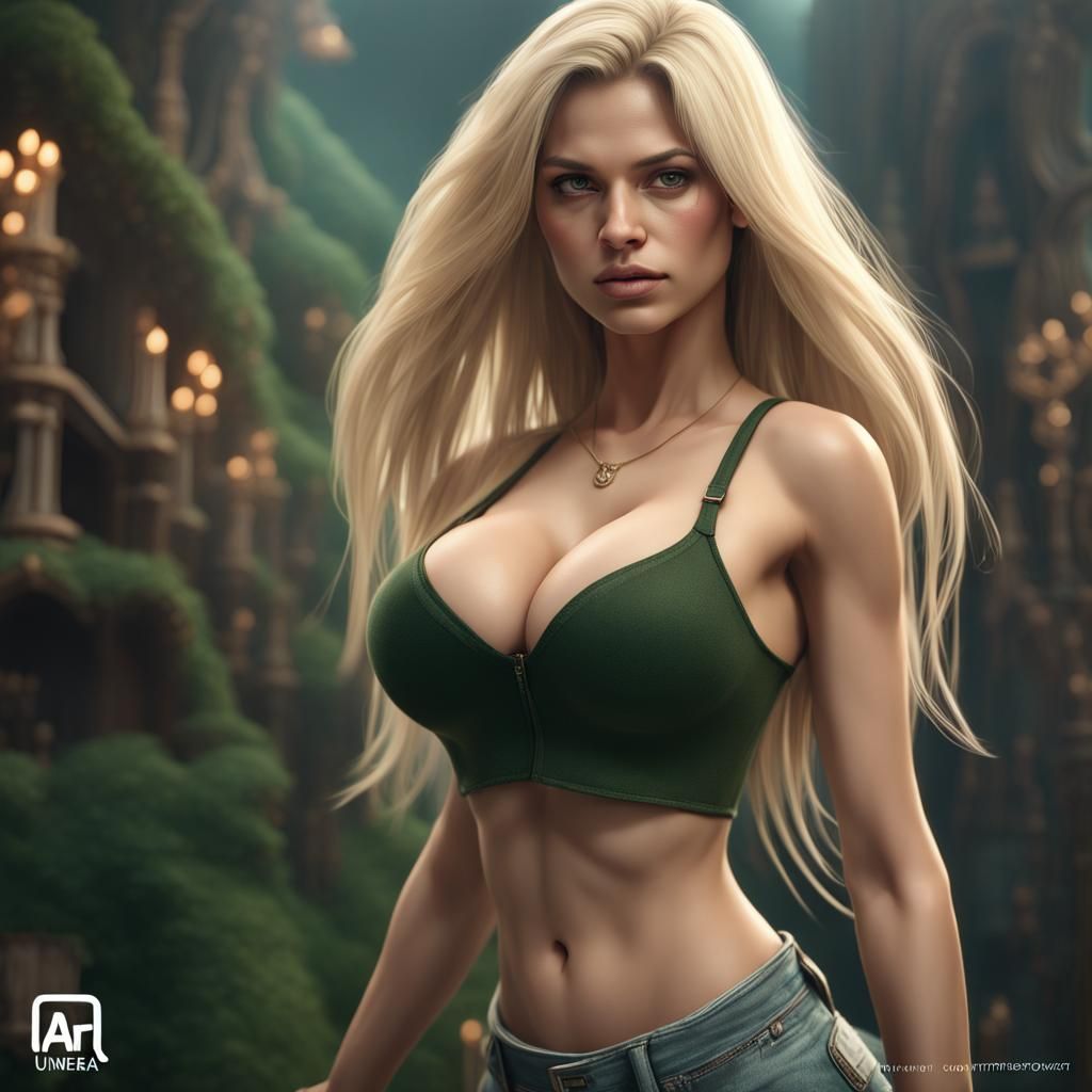 Blonde Woman in Green Shirt: Fantasy Concept Art