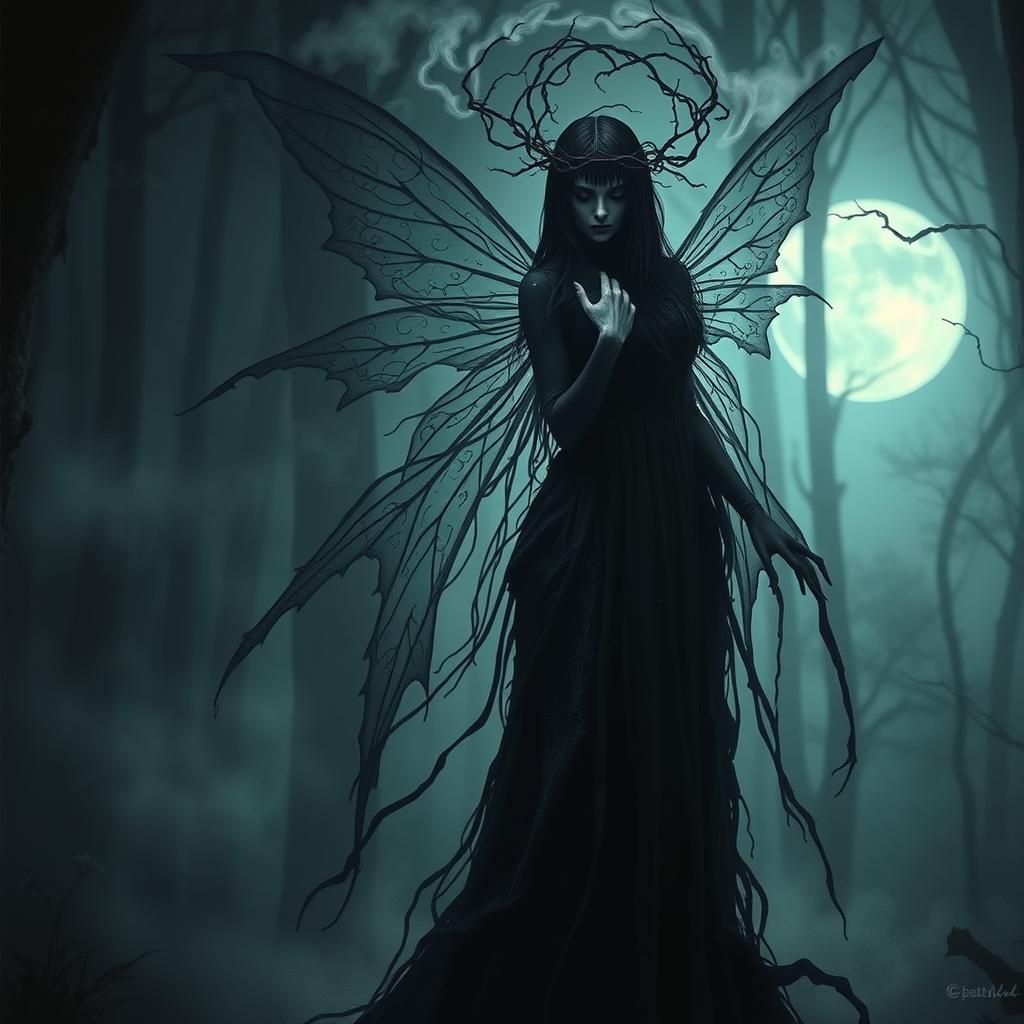 Eerie Dark Fairy in Mystical Forest, Surrealist Style