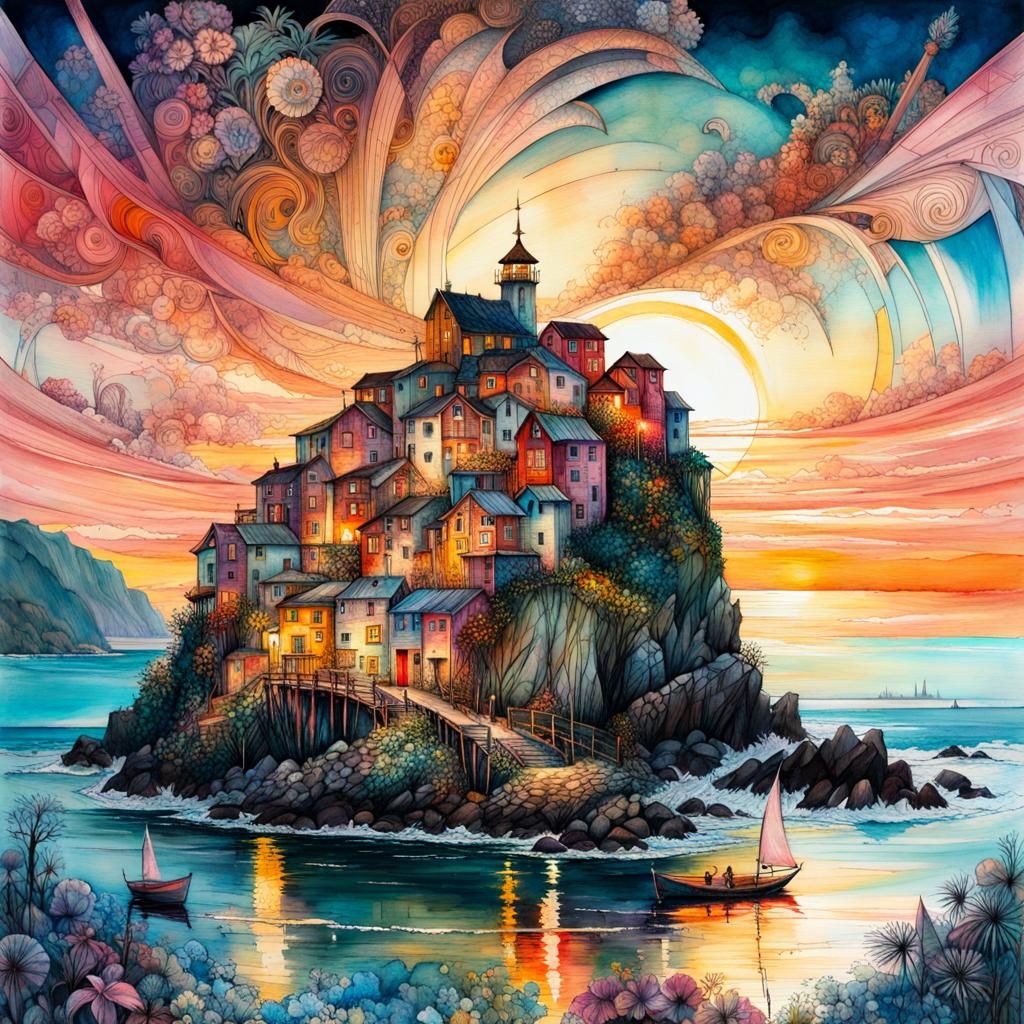 Hypermaximalist Seaside Village Sunset in Geometric Fauvism