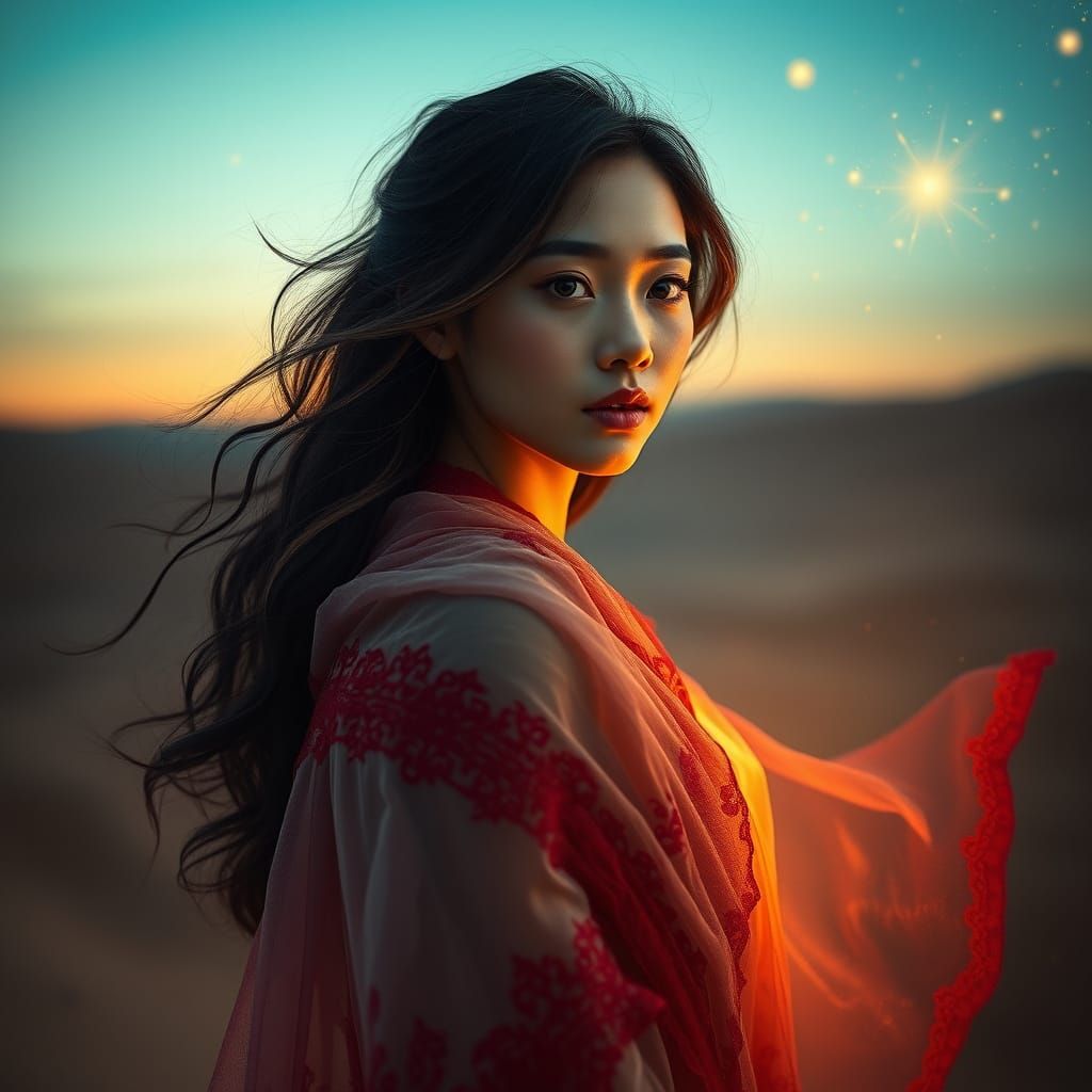 Macanese Woman in Dreamlike Desert at Twilight