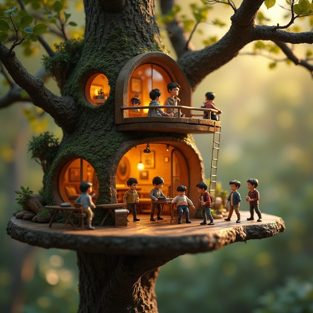 Miniature Humans in Modern Treehouse Oasis