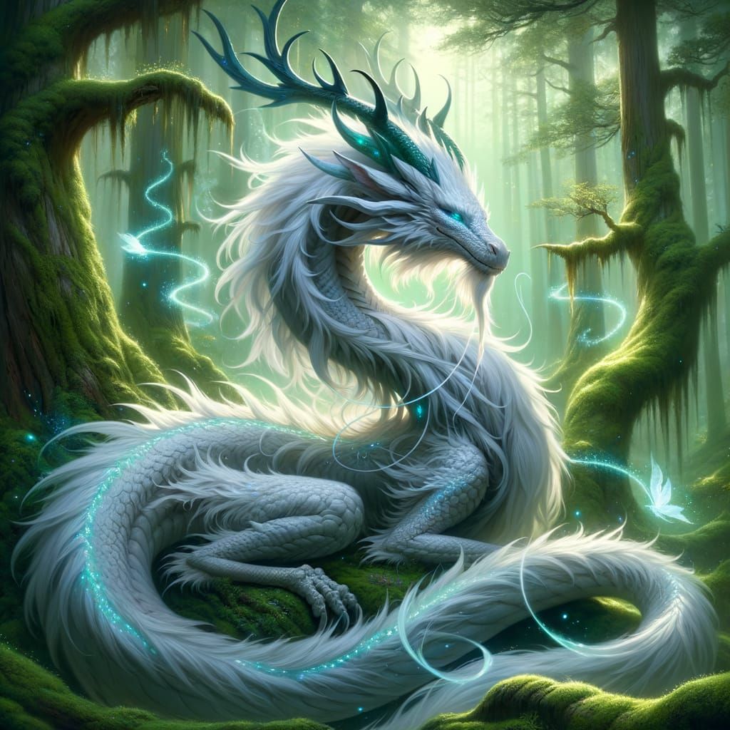 Eastern Dragon Coiled Around Ancient Forest Trees