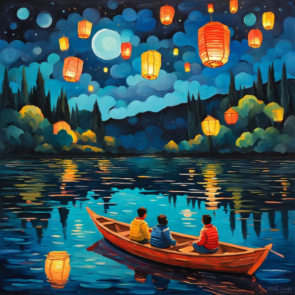 Paper Lanterns on a Lake: Impressionist Gouache Painting