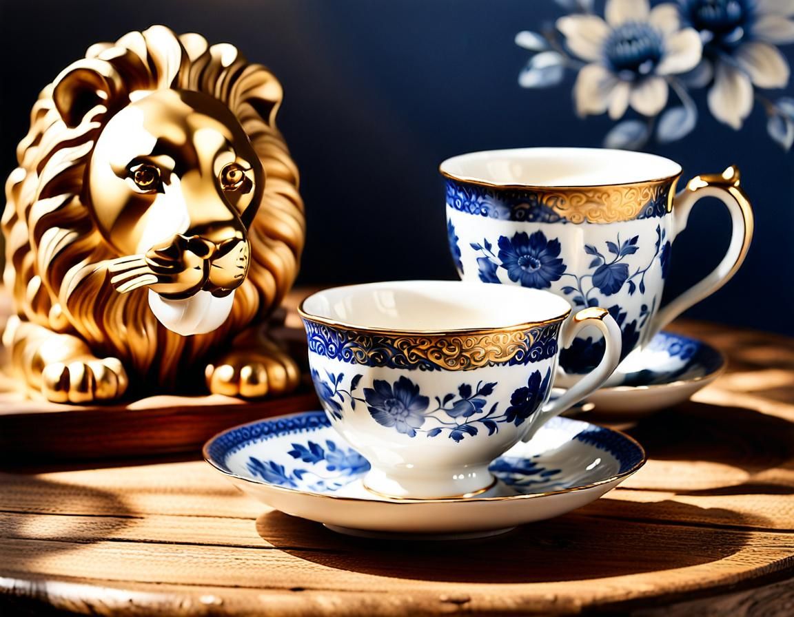 Lion and Teacup Still Life in Folk Art Style