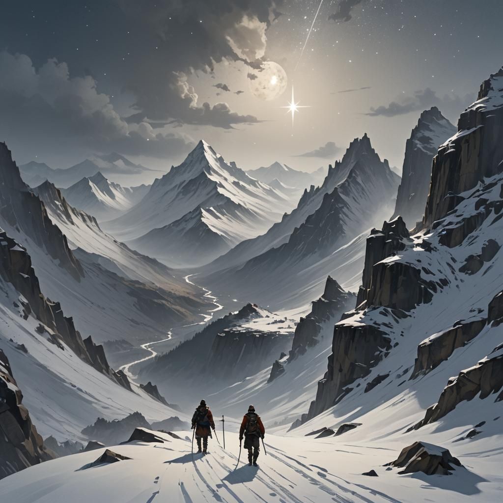 Traveler Guided by North Star Through Mountain Pass