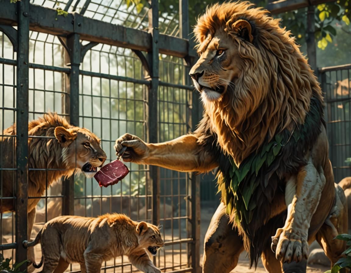 Lion Feeds Human Steak: Anthropomorphic Zoo Concept
