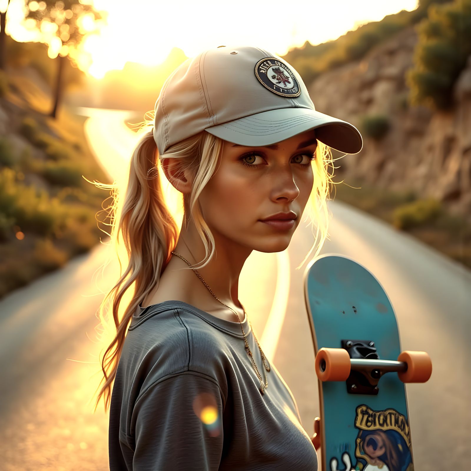 Tomboy Teenage Girl with Skateboard and Golden Light