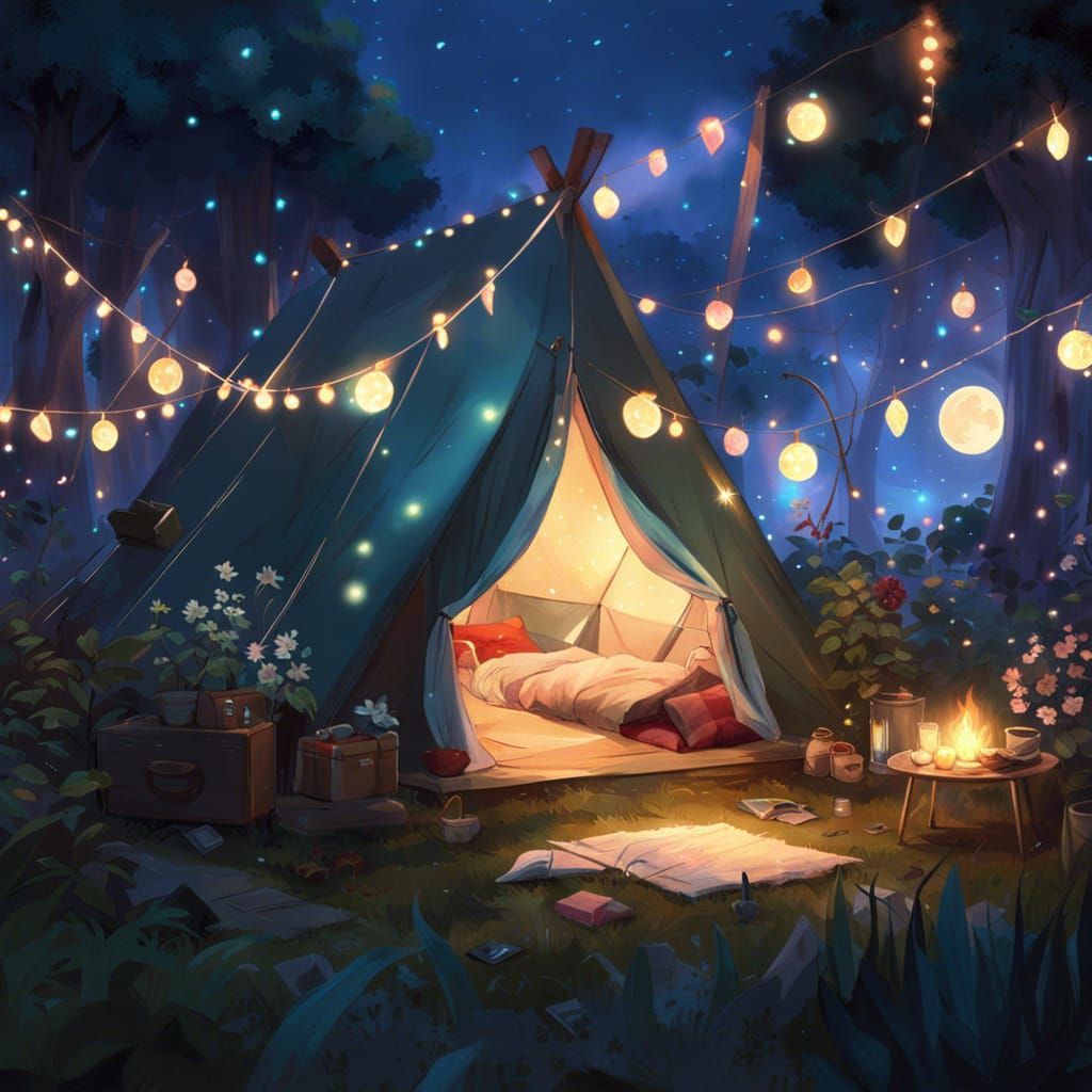 Charming Backyard Tent Scene in Digital Art Style