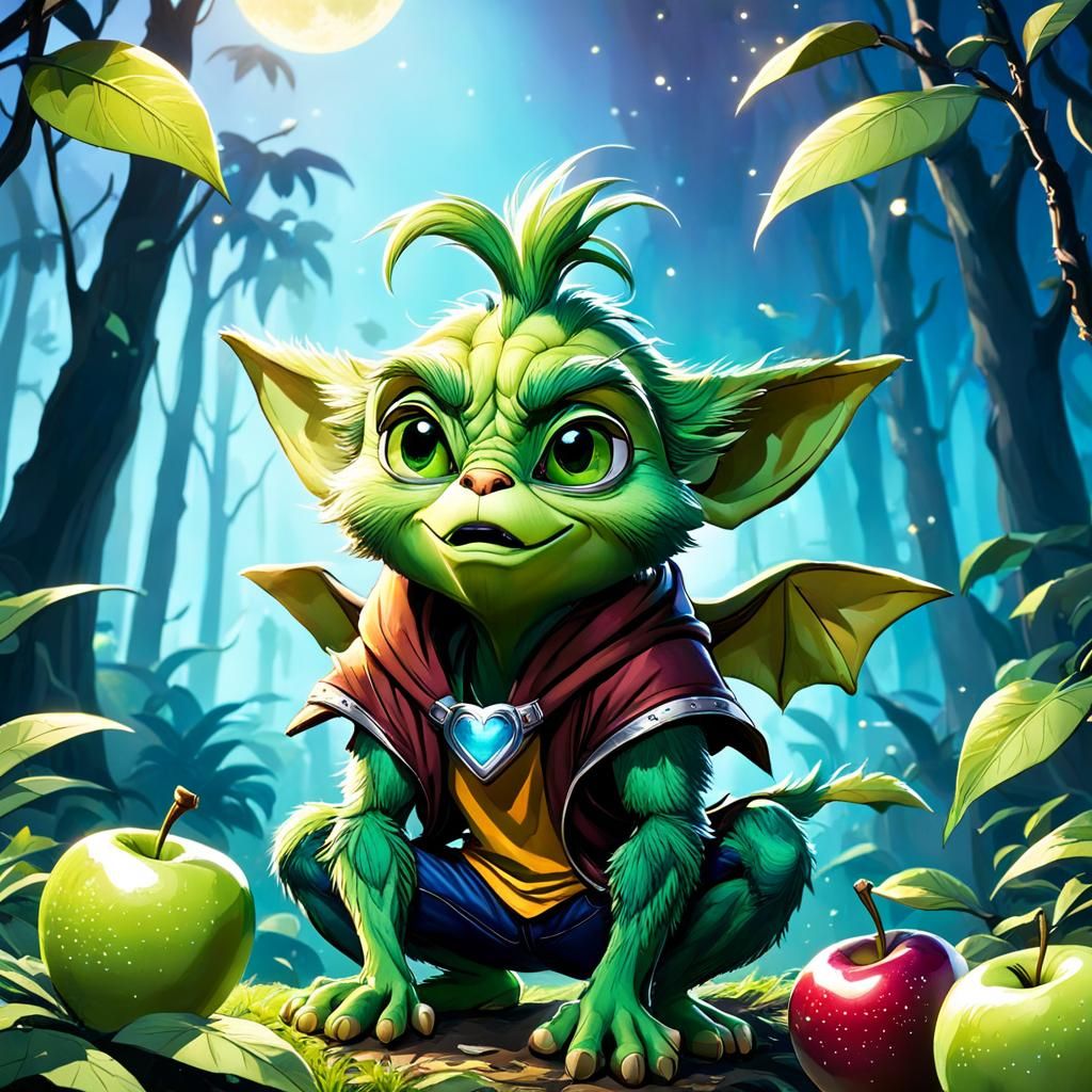 Friendly Green Goblin Eating Apple in Jungle