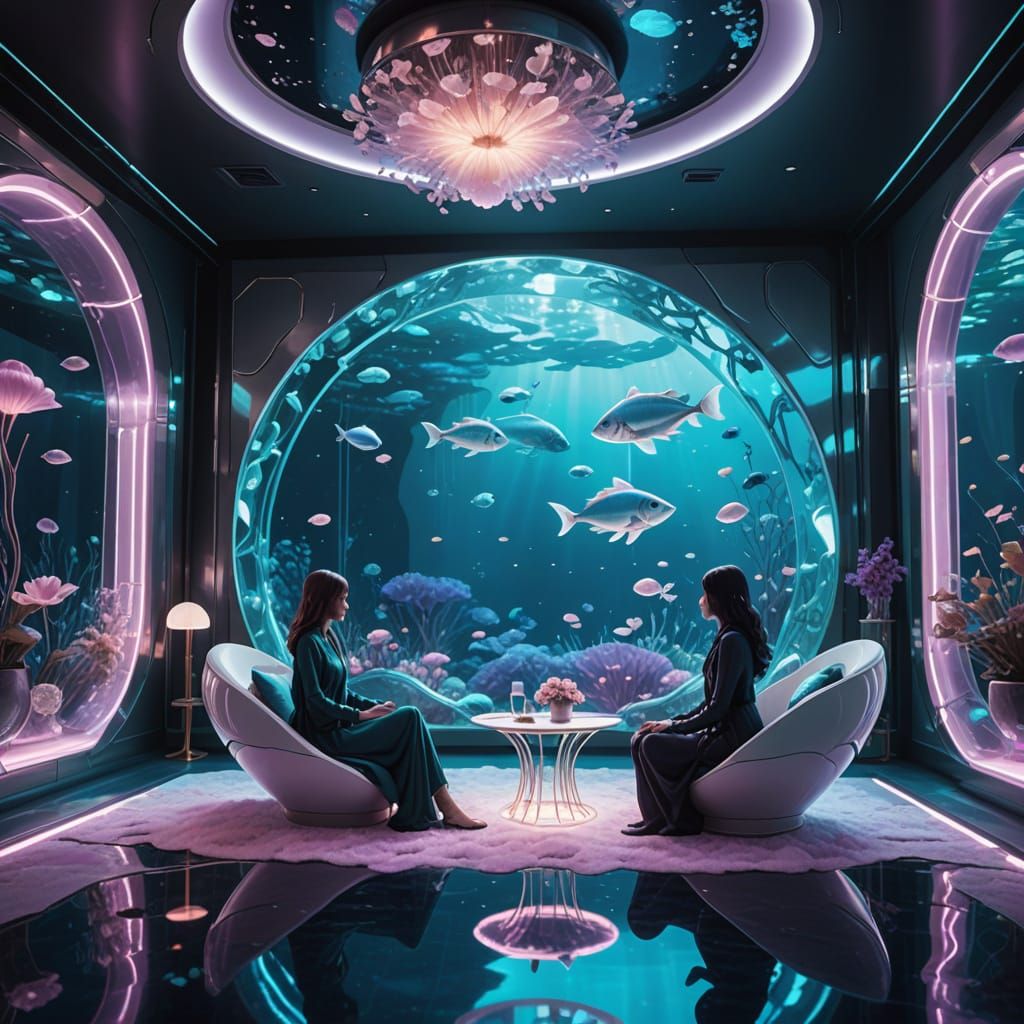 Futuristic Underwater Room with Girls and Glowing Ocean Life