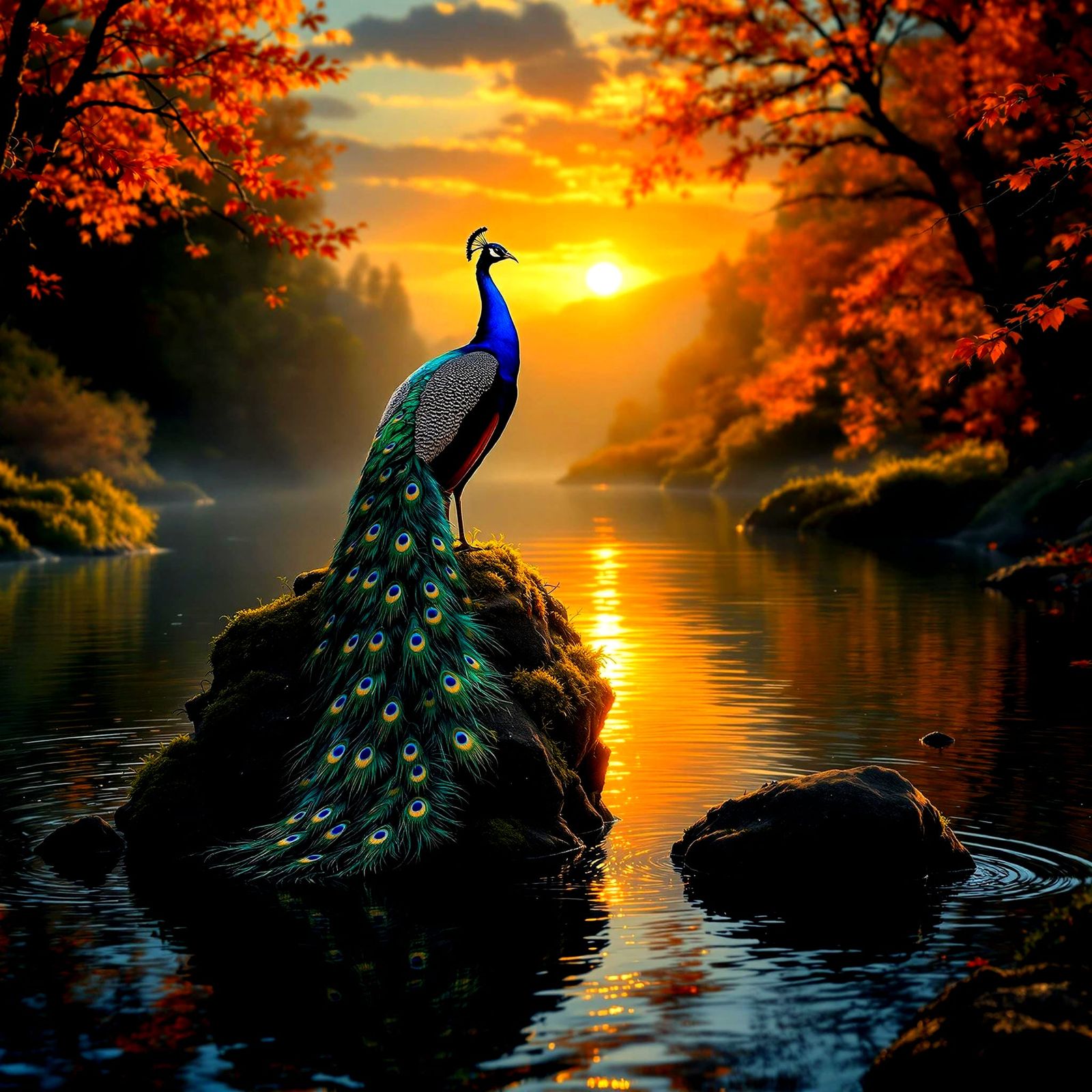 Vibrant Autumn Peacock Unfurls Majestic Plumage