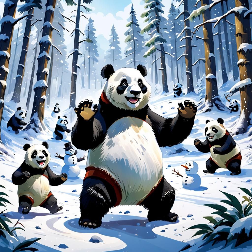 Pandas' Snowball Fight in Winter Wonderland
