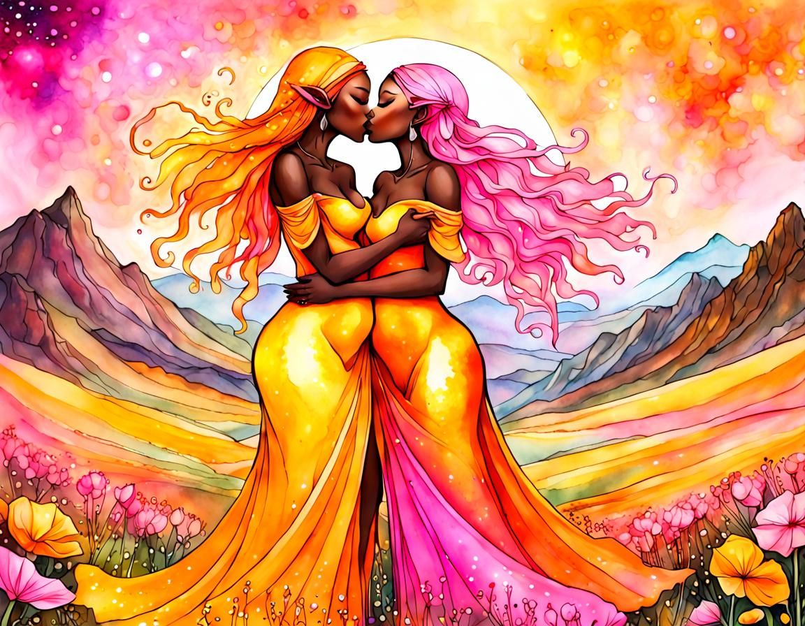 Elves Kissing in a Meadow