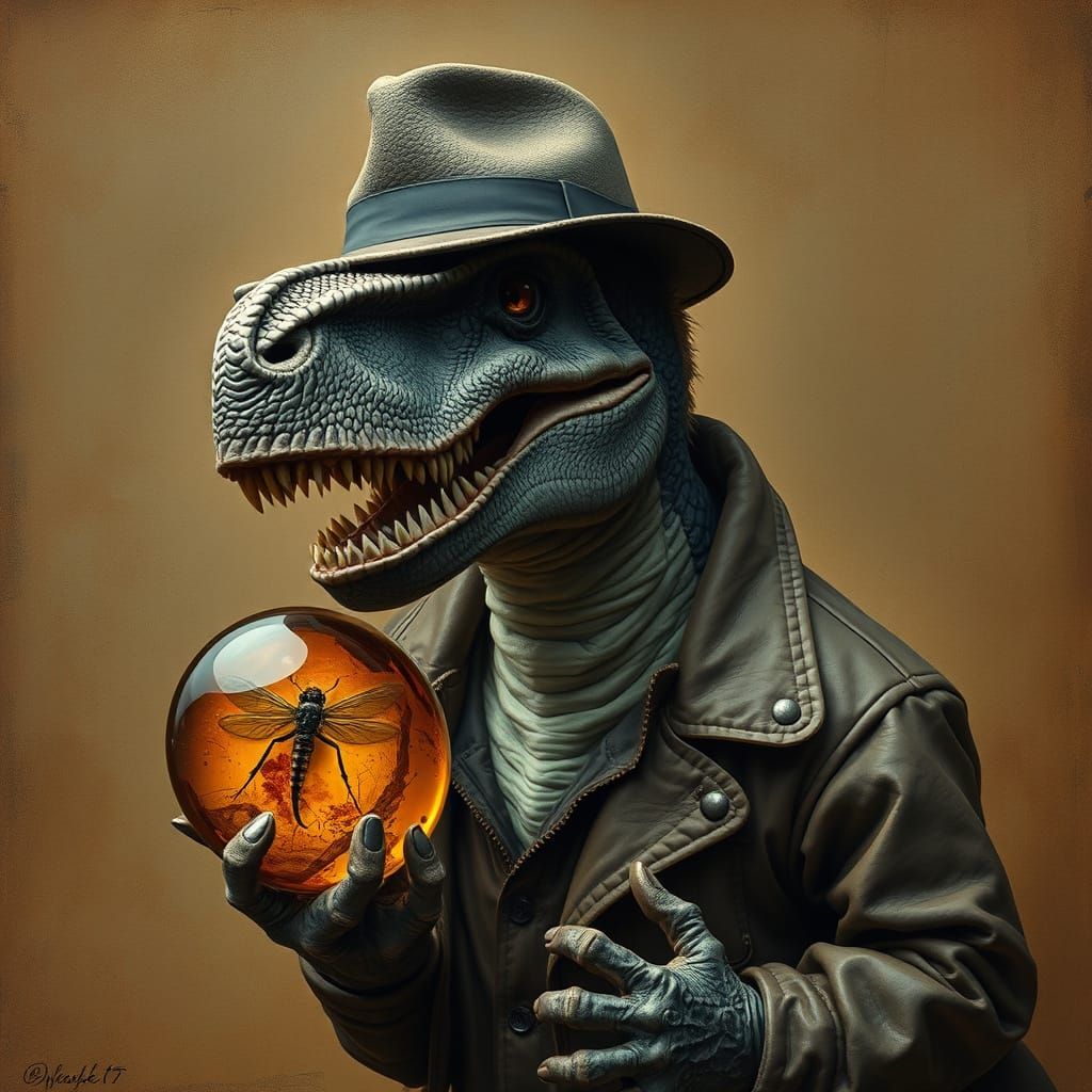Dinosaur Paleontologist with Fossil, Surreal Art