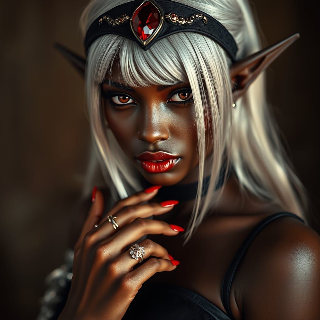 Elegant Ebony Elf with Ruby Eyes and Silver Hair