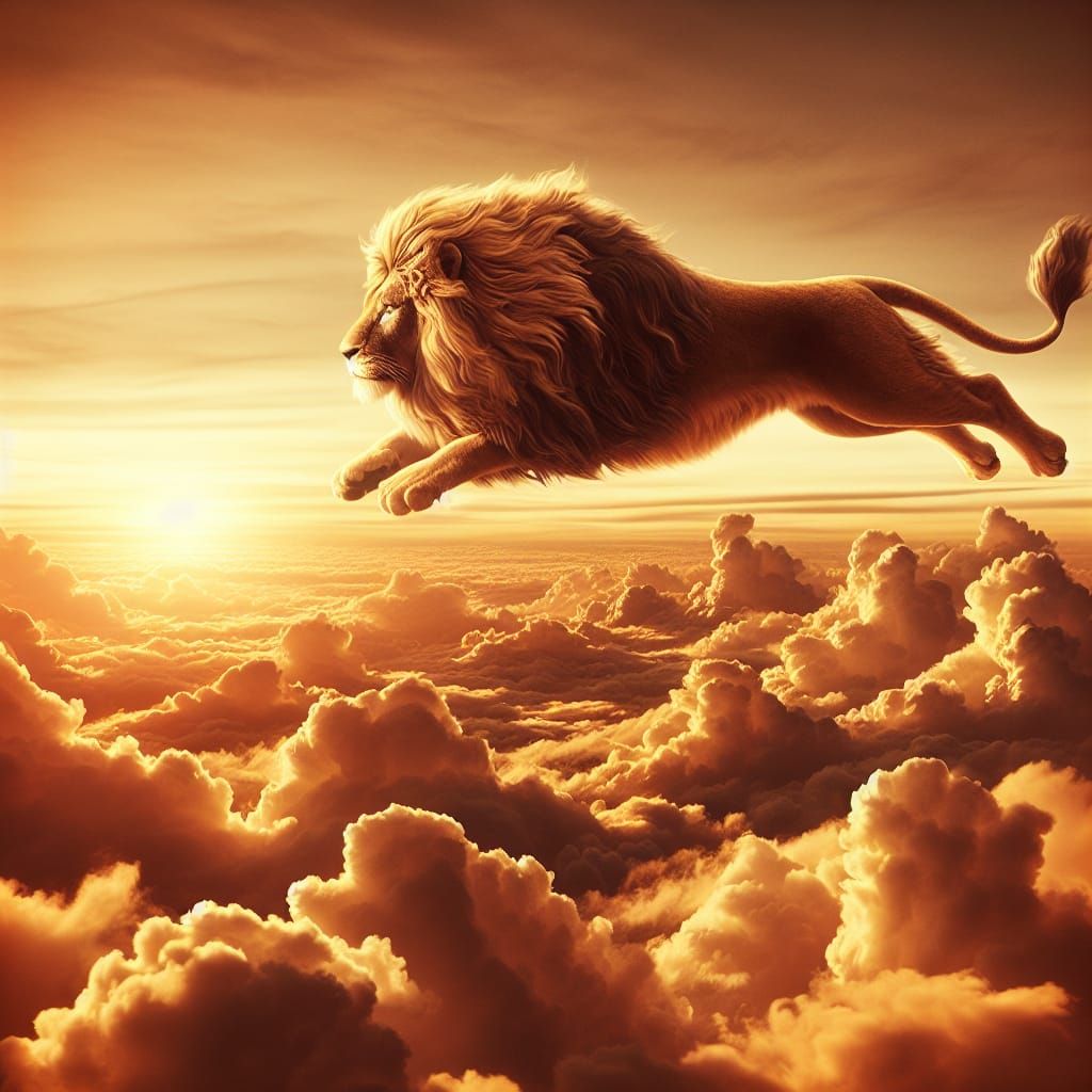 Magical Lion Soaring Above Clouds at Sunset