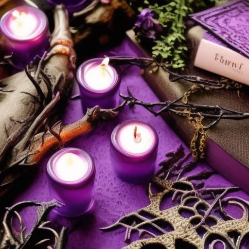 Witches alter table vibrant purple candles and amethyst crystal clusters& Book of shadows& Dagger& miniature cauldron& w...