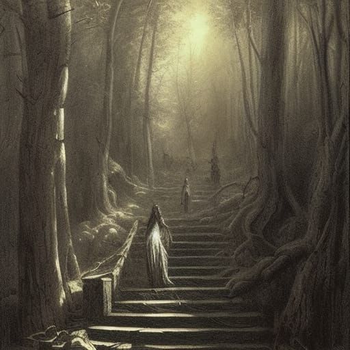 Eerie Stairs in Dark Woods, Horror Illustration