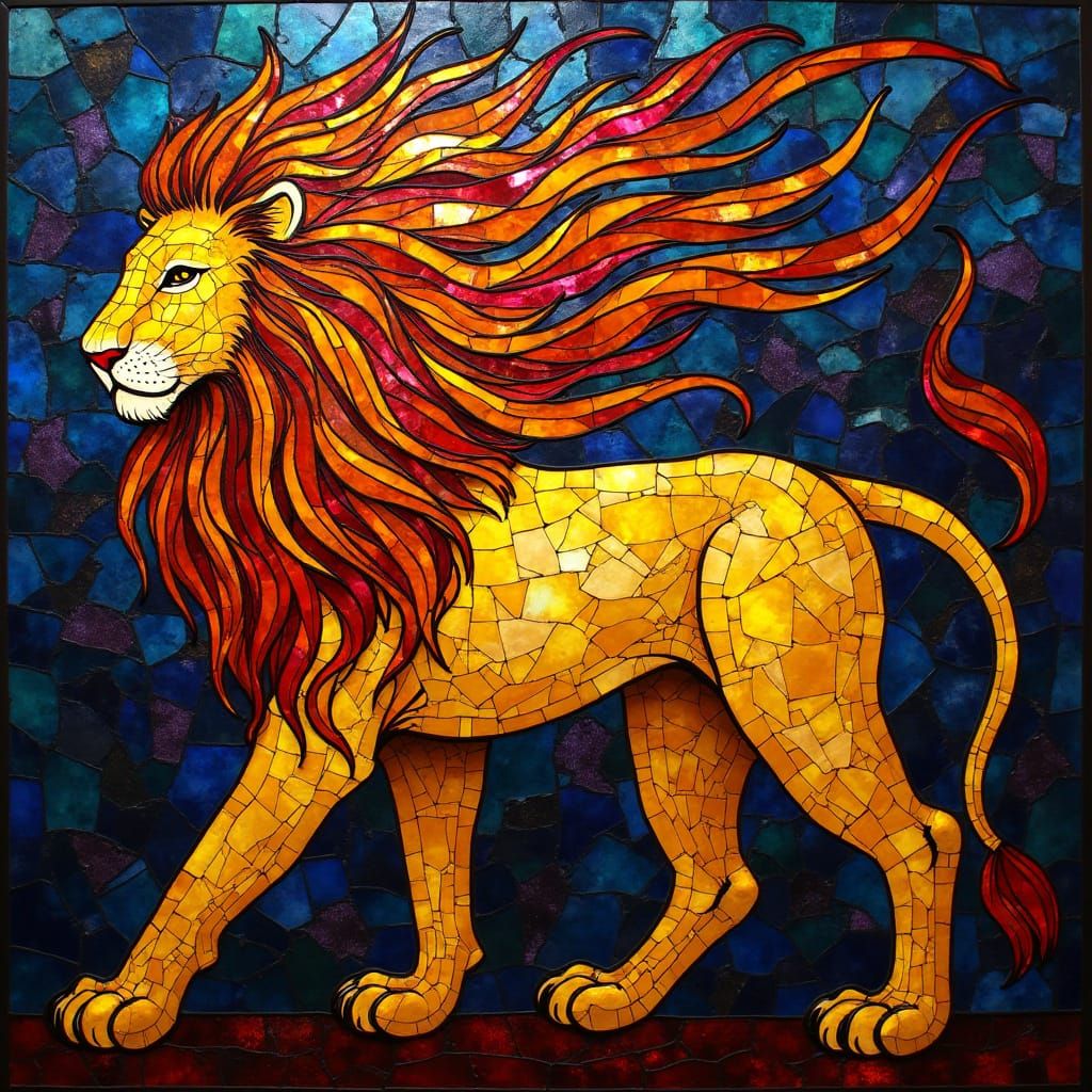 Leo Lion in Stained-Glass Art Nouveau Mosaic