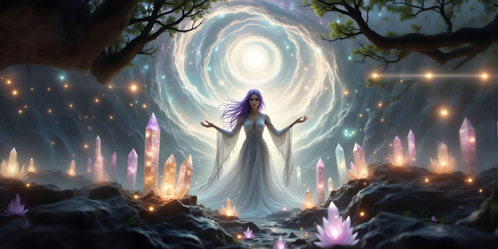 Sorceress Summons Energy Vortex in Crystal Clearing