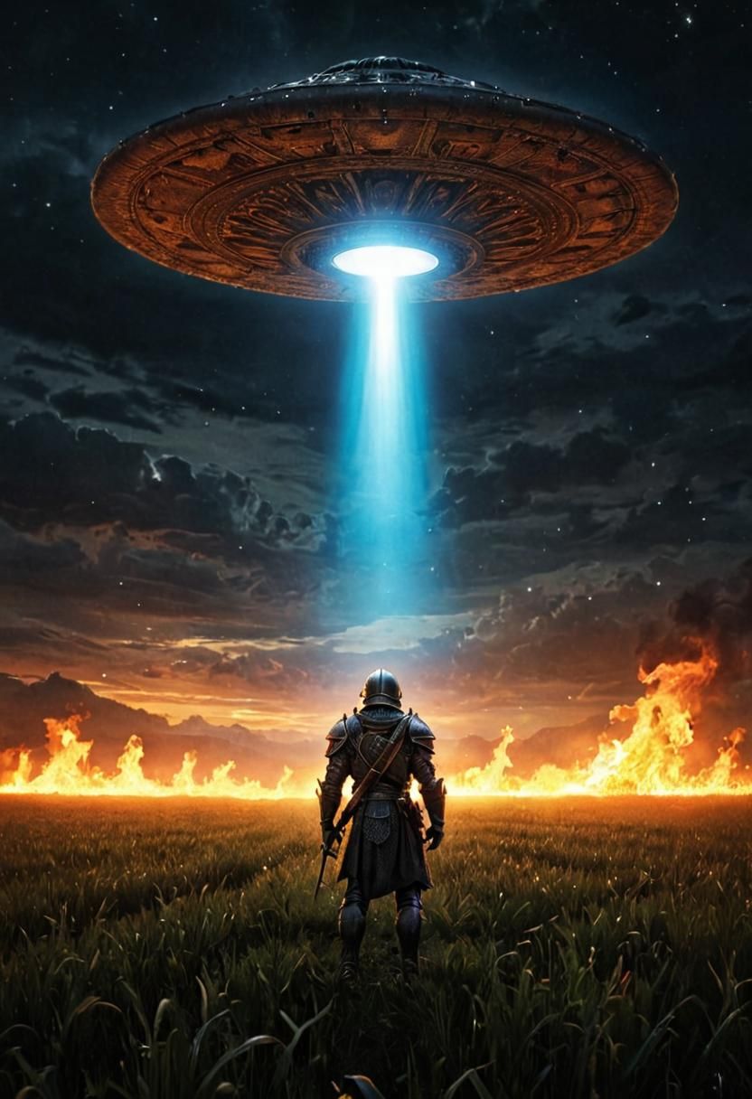 Alien UFO Engravings Lights Medieval Warrior: Digital Art