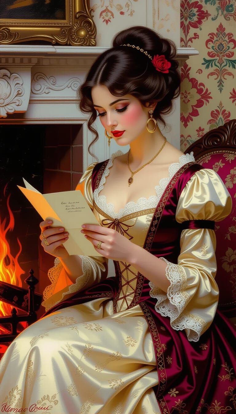 Victorian Woman Reading by Firelight: Polychromatic Oil Pain...