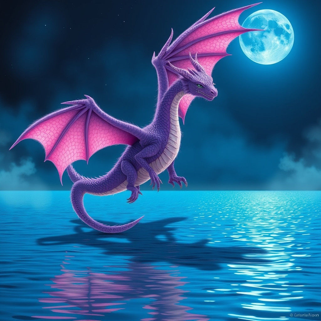 Purple Dragon Soaring Over Blue Lake Under Moonlight