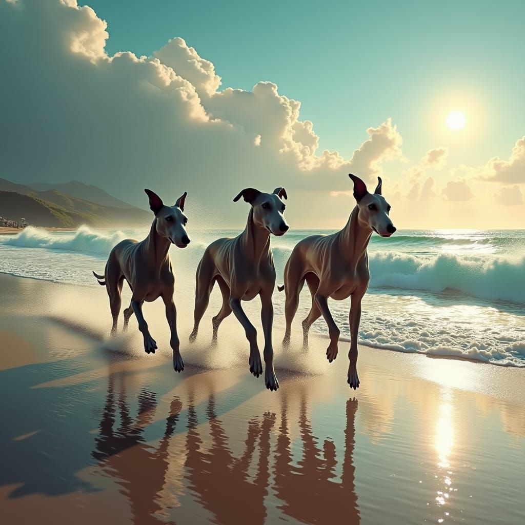 Greyhounds Run on Beach in Hyperrealistic Matte Painting