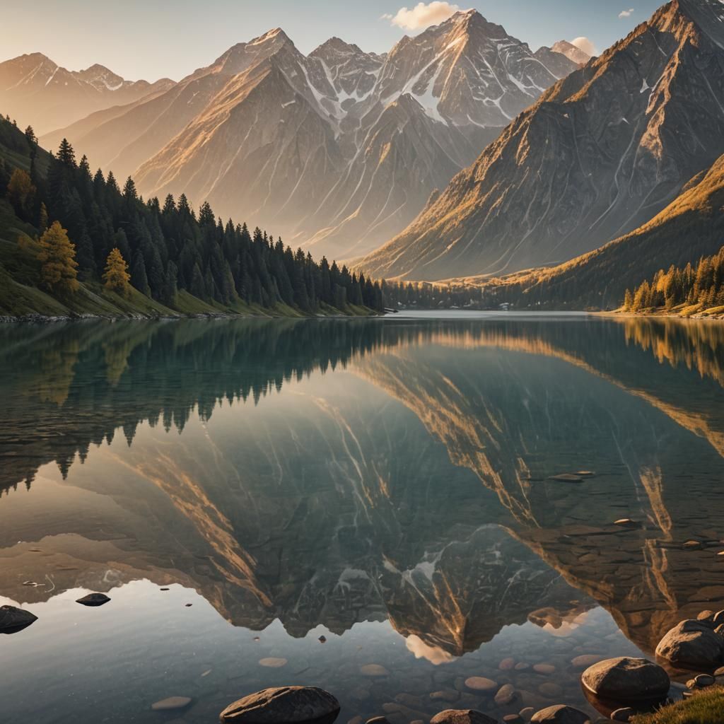 Serene Mountain Lake at Sunrise: Photorealistic Landscape