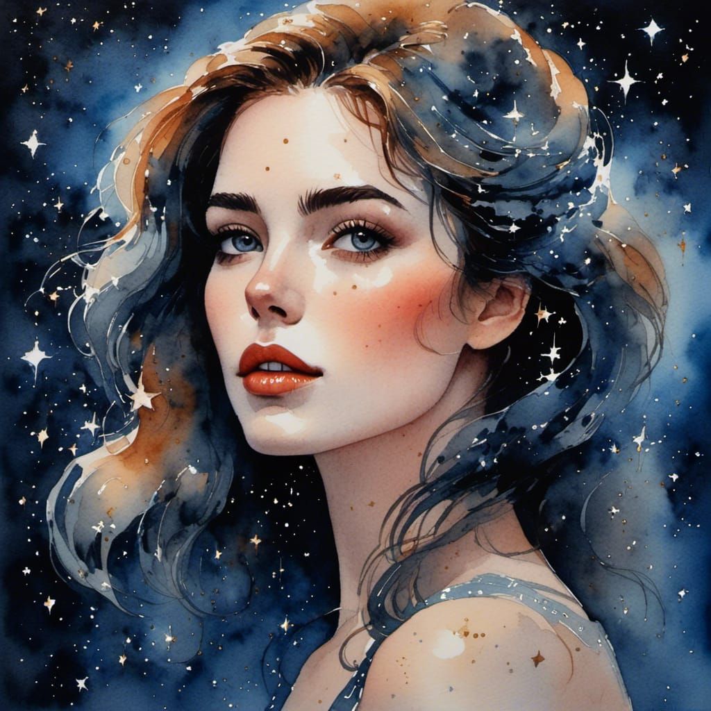 Beautiful Woman in Watercolour Starlit Portrait