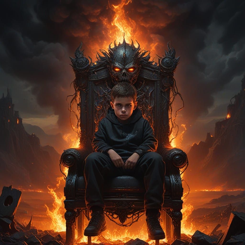 Demonic Child King on Throne, Oil Painting