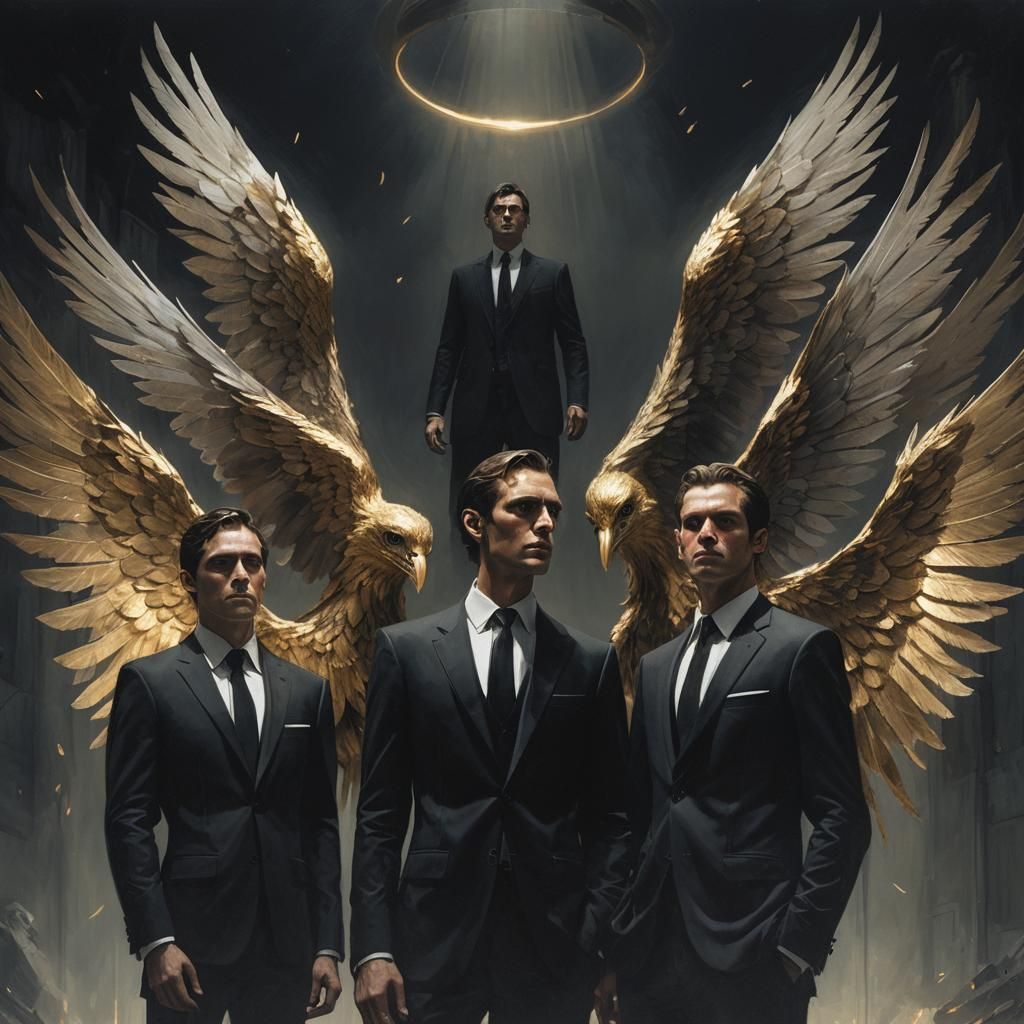 Eerie Angelic Figures in Suits: Surreal Digital Art