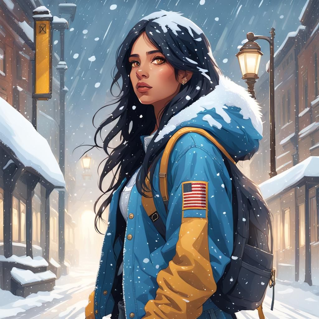 Girl in Snow Awaits Bus: Hyperdetailed Concept Art