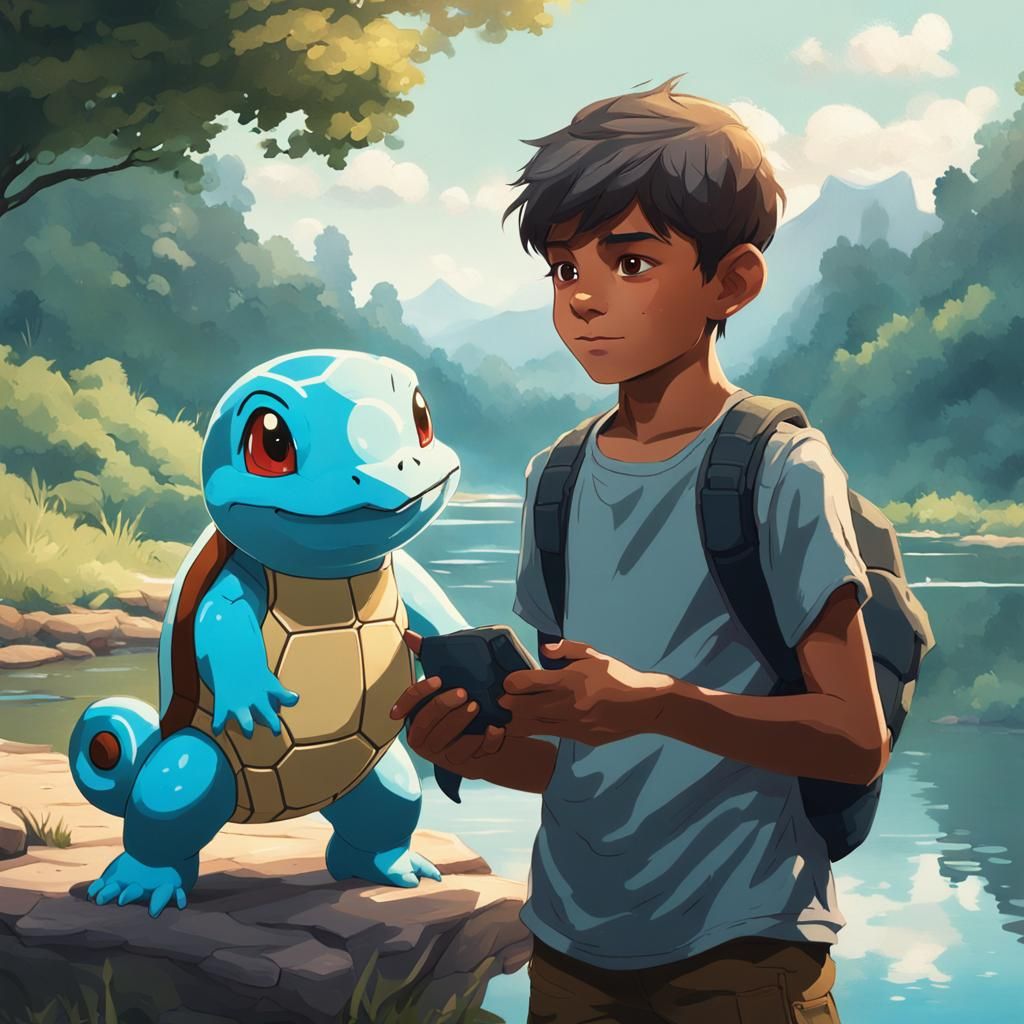 Boy and Squirtle at Lakeside: Hyperdetailed Art