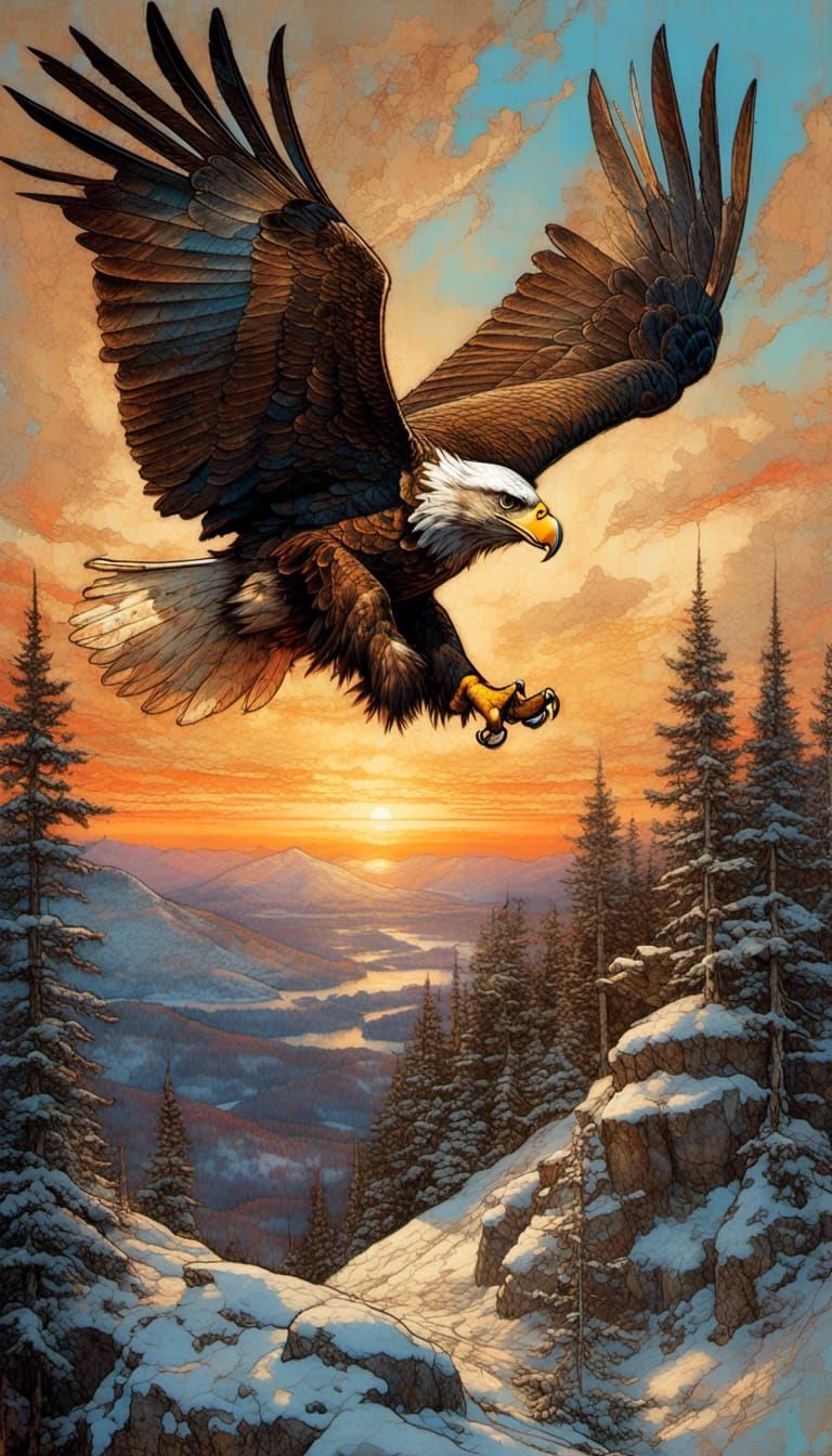Eagle Soaring Over Sunset Mountain: Art Nouveau Style