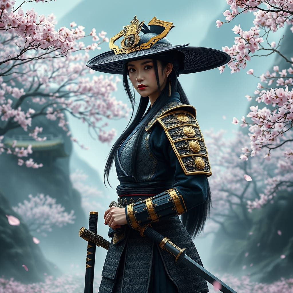 Female Samurai Warrior in Misty Mountain Pass