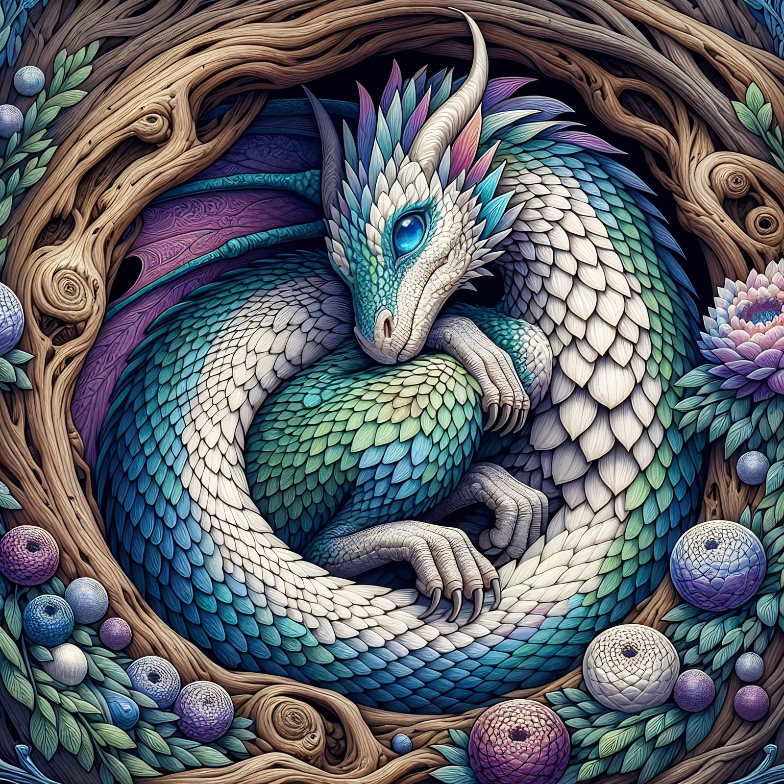 Mystical Dragon in Tree Hollow Fantasy Art