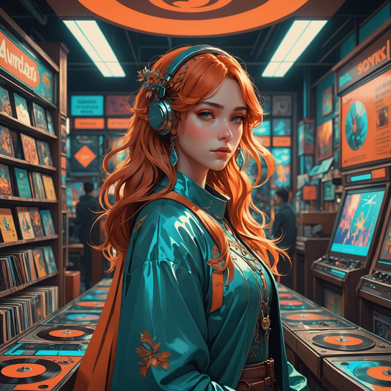 Retro Anime Girl in Record Store, Astral Illustration