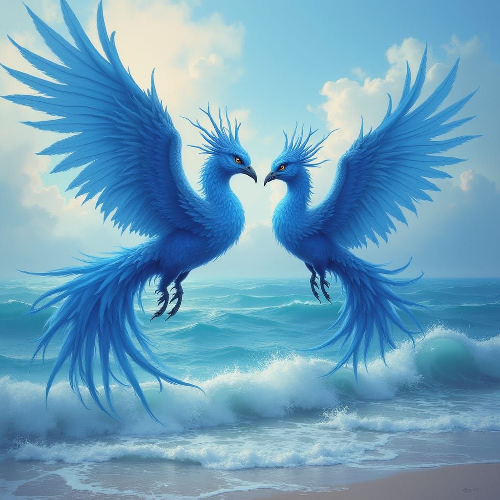 Whimsical Blue Phoenix Couple Soars Over Stormy Ocean