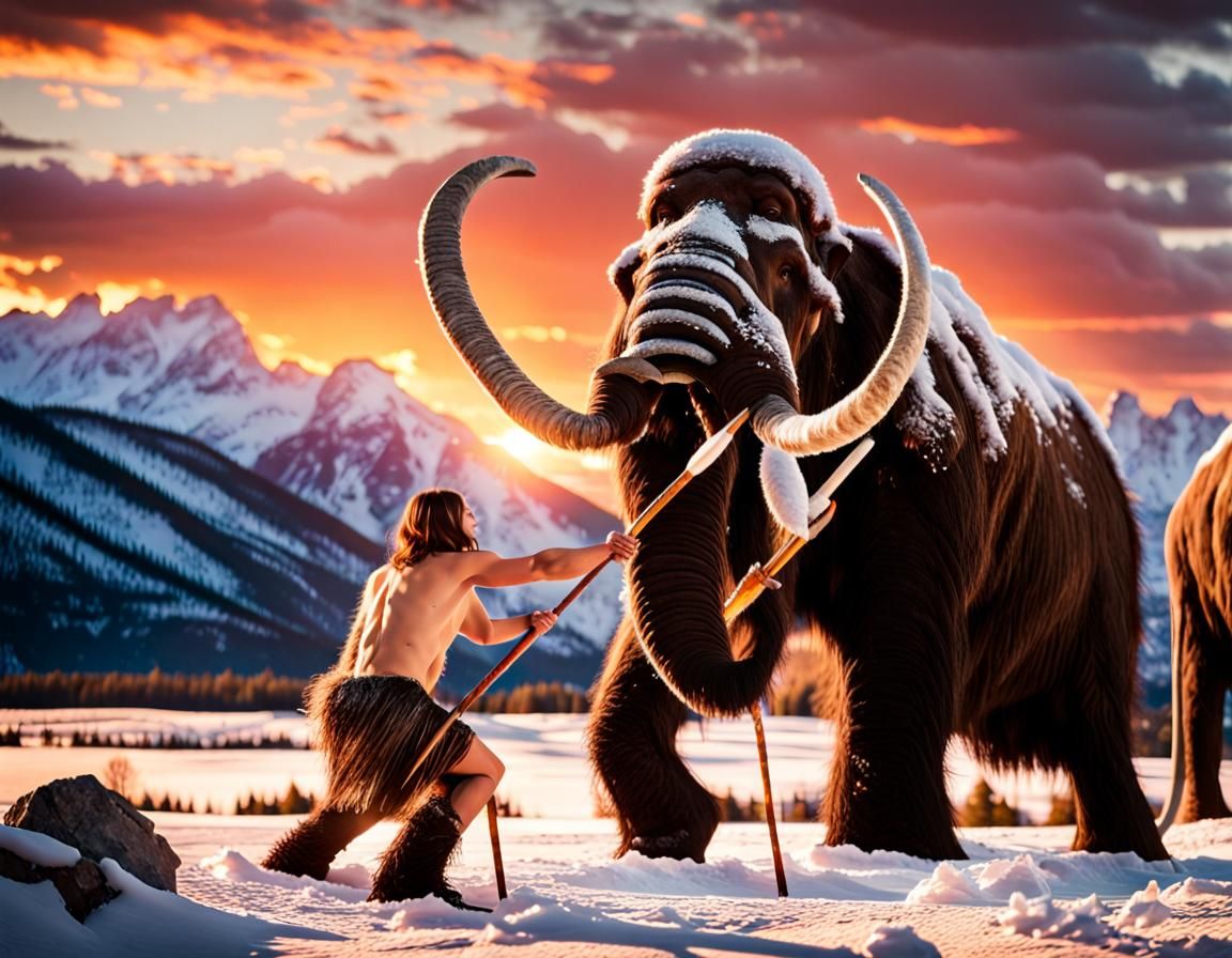 Caveman Hunting Mammoth at Sunset: Professional Photo