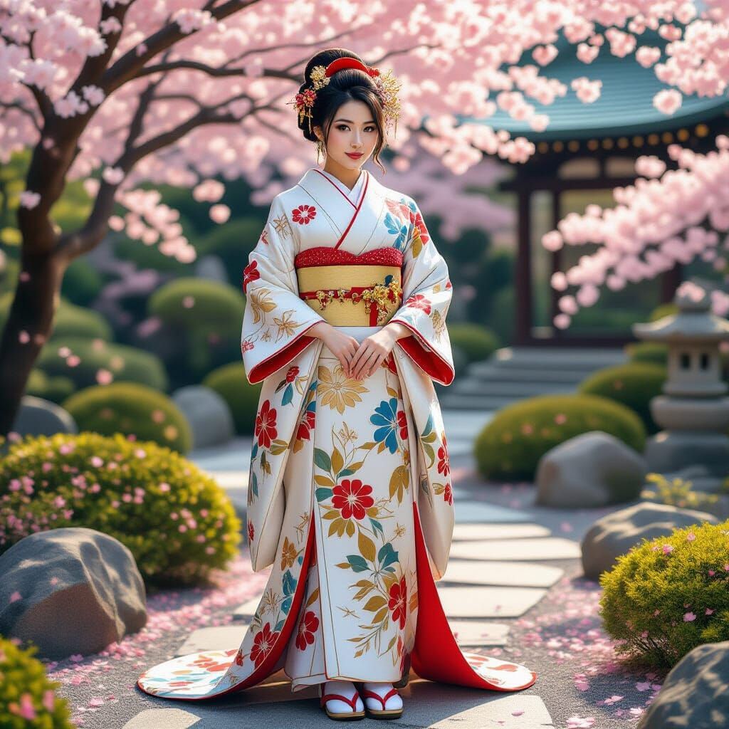 Robotic Kimono in Japanese Garden, Futuristic Style
