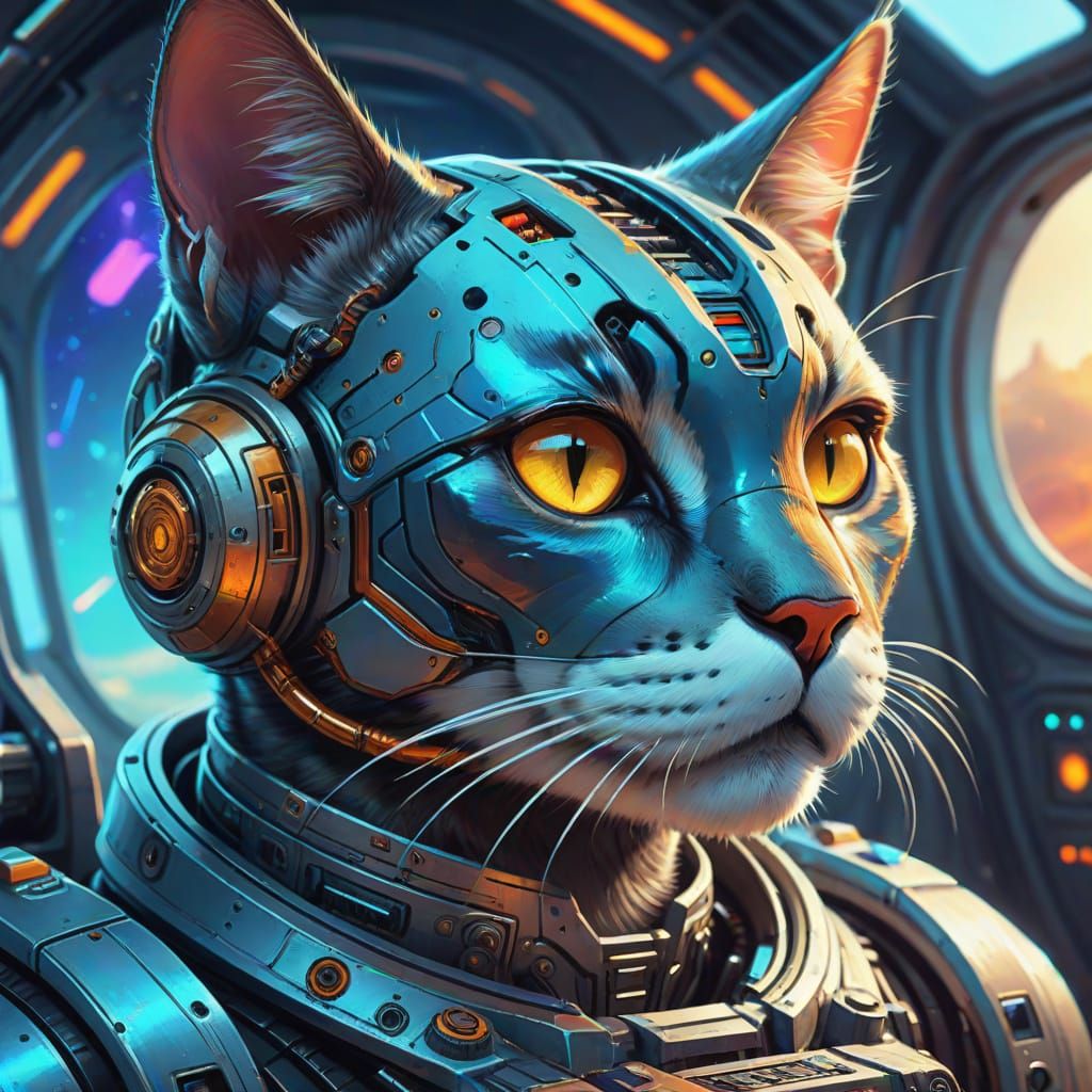 Cybernetic Cat Working on Spaceship in Surreal Digital Paint...