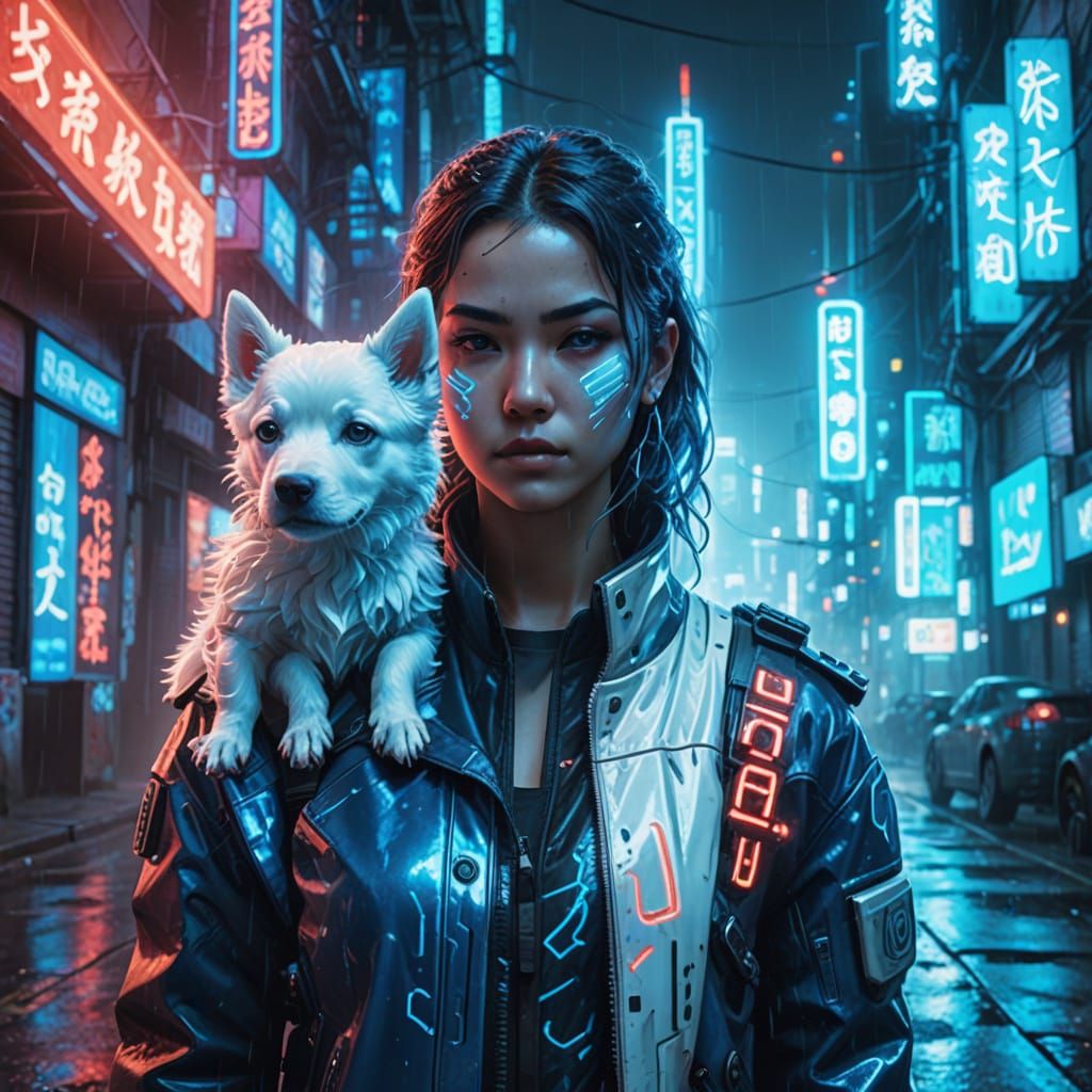 Cyberpunk Woman Walks Dogs in Neon-Lit City
