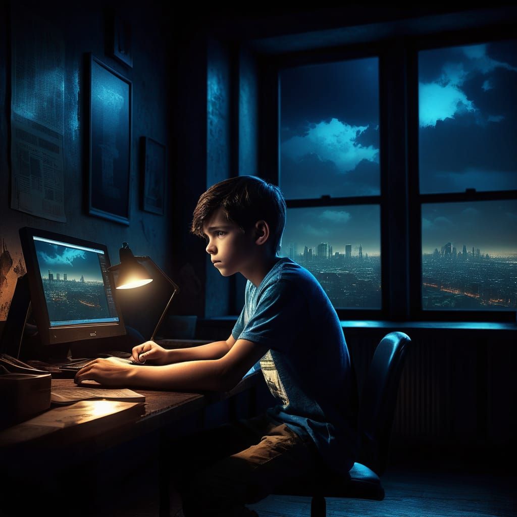 Young Boy Bets in a Dark, Cluttered Room