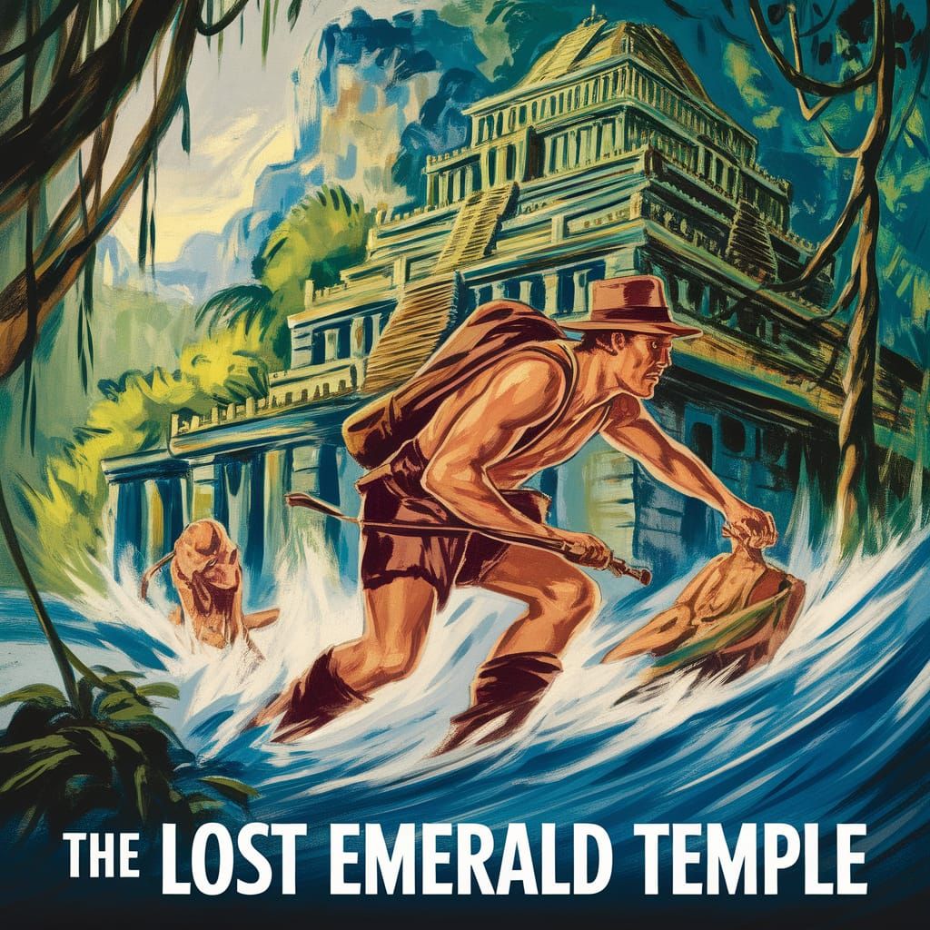 1930s adventure movie poster. Title "The Lost Emerald Temple...