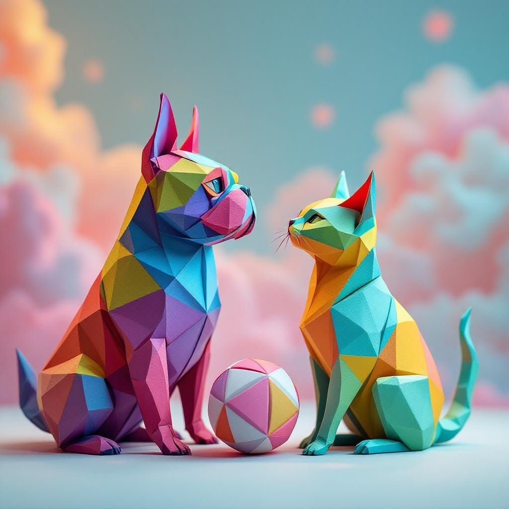 Colorful Origami Bulldog and Cat in Dreamy Landscape
