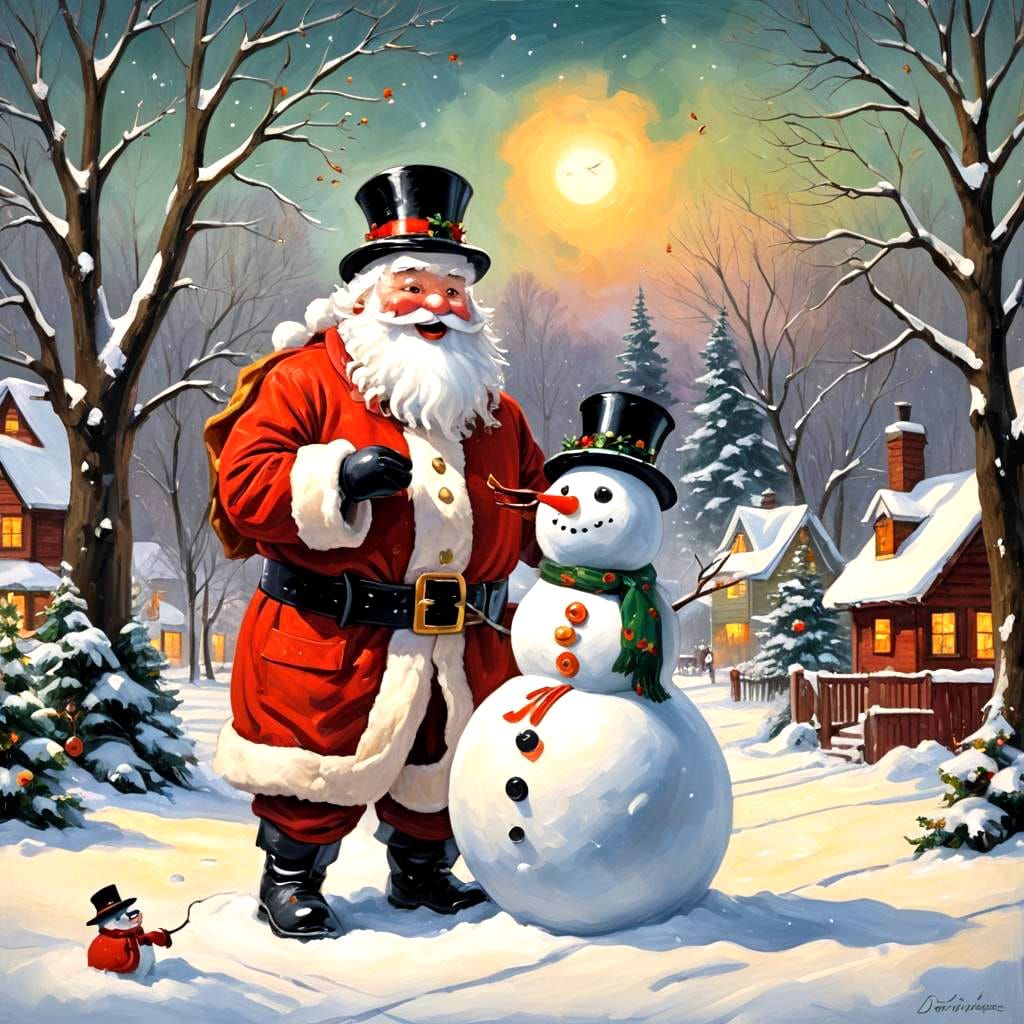 Santa Constructs a Snowman in Festive Oil Painting