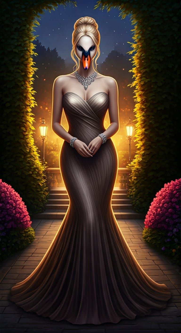 Anthropomorphic Swan in Evening Gown at Garden Party